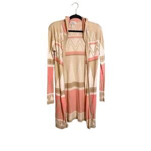 Derek Heart Tribal Print Open Front Long Sleeve Hooded Cardigan Sweater Large